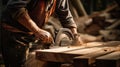 Building contractor worker using hand held worm drive circular saw to cut boards on a new home constructiion project. Royalty Free Stock Photo