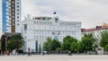 The building of the Council of Deputies of the city of Grozny with portraits of Vladimir Putin and Akhmad Kadyrov on the facade