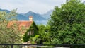 Building covered by ivy leaves and flowers. Tree and green mountains in Lake. Orange tiles in a house with chimney in Kotor bay