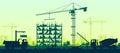 Building crane. City industry. Cityscape silhouette. House reconstruction project for workers. Concrete mixer