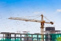 Building crane and construction site under blue sky with drawing Royalty Free Stock Photo