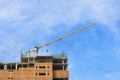 Building crane and construction site under blue sky with drawing