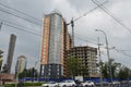 A building with crane and monument Royalty Free Stock Photo