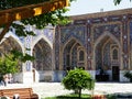 A building decorated with mosaics in the courtyard of the Ulugbek Madrasah at Registan Square in Smarkand in Uzbekistan. 29.04. Royalty Free Stock Photo
