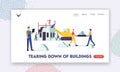 Building Demolition Landing Page Template. Builders Male Characters and Heavy Machinery Demolishing Old House