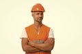 Building design. Design architect. Design future. Mature man in helmet. Works at building site. Builder in protective