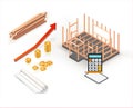 Building of energy efficient wooden house. Ecology friendly construction project with red graph, calculator and rolled plan.