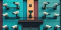 Building exterior wall with numerous security cameras mounted, surveilling the surrounding area. Generative AI illustration Royalty Free Stock Photo