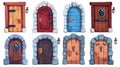 Building facade with closed front doors and stone frames. Cartoon house entrance with red, brown, and blue wooden doors Royalty Free Stock Photo