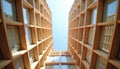 Building facade featuring wooden grid structure. Windows and sky. Architectural design shows modern building with geometric Royalty Free Stock Photo