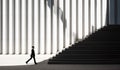 Building facade perspective with grand staircase and projected light and shadows. AI generated