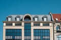 Building facade, roof and blue sky, architecture in Berlin