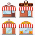 Building facade with signboard set - Steakhouse and Grill Meat Restaurant, Beer Bar, Bakery shop, Fast Food. Vector.