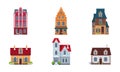 Building facades set, buildings, houses, cottages of different architectural styles vector Illustration Royalty Free Stock Photo