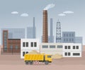 Building factory industry zone. Construction specialized transport and lorry. Flat and Colorfull illustration.