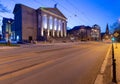 Poznan. Facade of the building of the opera house at sunrise. Royalty Free Stock Photo