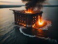 building on fire in middle of ocean. AI generated