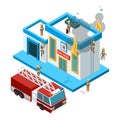 Building in flame isometric. Firefighters at work extinguish fire from hose at red big car burning city vector 3d