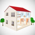 Building flat 3d web isometric concept vector. Exterior and interior isometry rooms. House in cut.