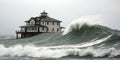 Building floating on large wave tsunami Royalty Free Stock Photo