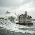 Building floating on large wave tsunami Royalty Free Stock Photo