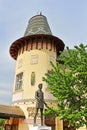 Building of former casino and monument of Sandor Petofi Hungarian poet and liberal revolutionary in Berehove, Ukraine