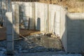 Building foundation construction. Monolithic concrete and reinforced concrete structures on the construction site. The use of