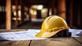 Building Foundations. Hard Hat and Construction Plans on Wooden Board Royalty Free Stock Photo