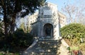 Building with a fountain at the beautiful neighborhood of Montmarte in Paris. Royalty Free Stock Photo