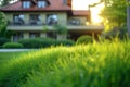 A building framed by lush green grass in a peaceful setting