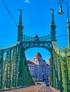 The building of Gellert Spa Hotel in arch of Liberty Bridge, Budapest, Hungary