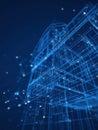 building in a glowing blue wireframe blueprint style, illustrating concepts of smart technology, big data networks, cybersecurity Royalty Free Stock Photo
