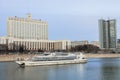 Building of the government of the Russian Federation, Building of Moscow governmet and pleasure boat on the Moscow river.