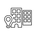 Building, gps, local line icon. Outline vector