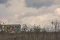 Building with graffiti on a meadow