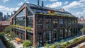 Lush Urban Greenspace: Industrial Building Transformed with Rooftop Garden & Solar Panels, generative ai Royalty Free Stock Photo