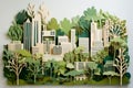 Building a Greener Future: A Paper-Cut Cityscape with Eco-Friendly Buildings and Rooftop Gardens