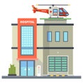 Building of hospital. Helicopter on roof. First aid