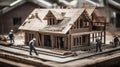 building house on blueprints with worker - construction project Royalty Free Stock Photo