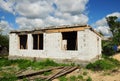 Building House Wall from Autoclaved Aerated Concrete Blocks with concrete lintel and Unfinished Roofing Construction.