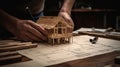 Building house wooden layout miniature on blueprints with worker construct. Al generated