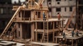 Building house wooden layout miniature on blueprints with worker construct. Al generated