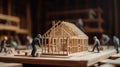 Building house wooden layout miniature on blueprints with worker construct. Al generated