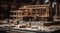 Building house wooden layout miniature on blueprints with worker construct. Al generated