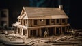 Building house wooden layout miniature on blueprints with worker construct. Al generated