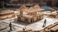 Building house wooden layout miniature on blueprints with worker construct. Al generated