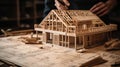 Building house wooden layout miniature on blueprints with worker construct. Al generated