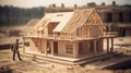 Building house wooden layout miniature on blueprints with worker construct. Al generated