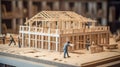 Building house wooden layout miniature on blueprints with worker construct. Al generated