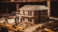 Building house wooden layout miniature on blueprints with worker construct. Al generated